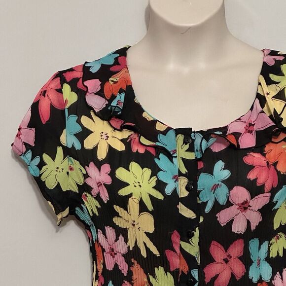 Vintage Funky Women Top XL Black Bright Floral Micro Pleat Crinkle Retro Mod Y2K - Picture 2 of 14